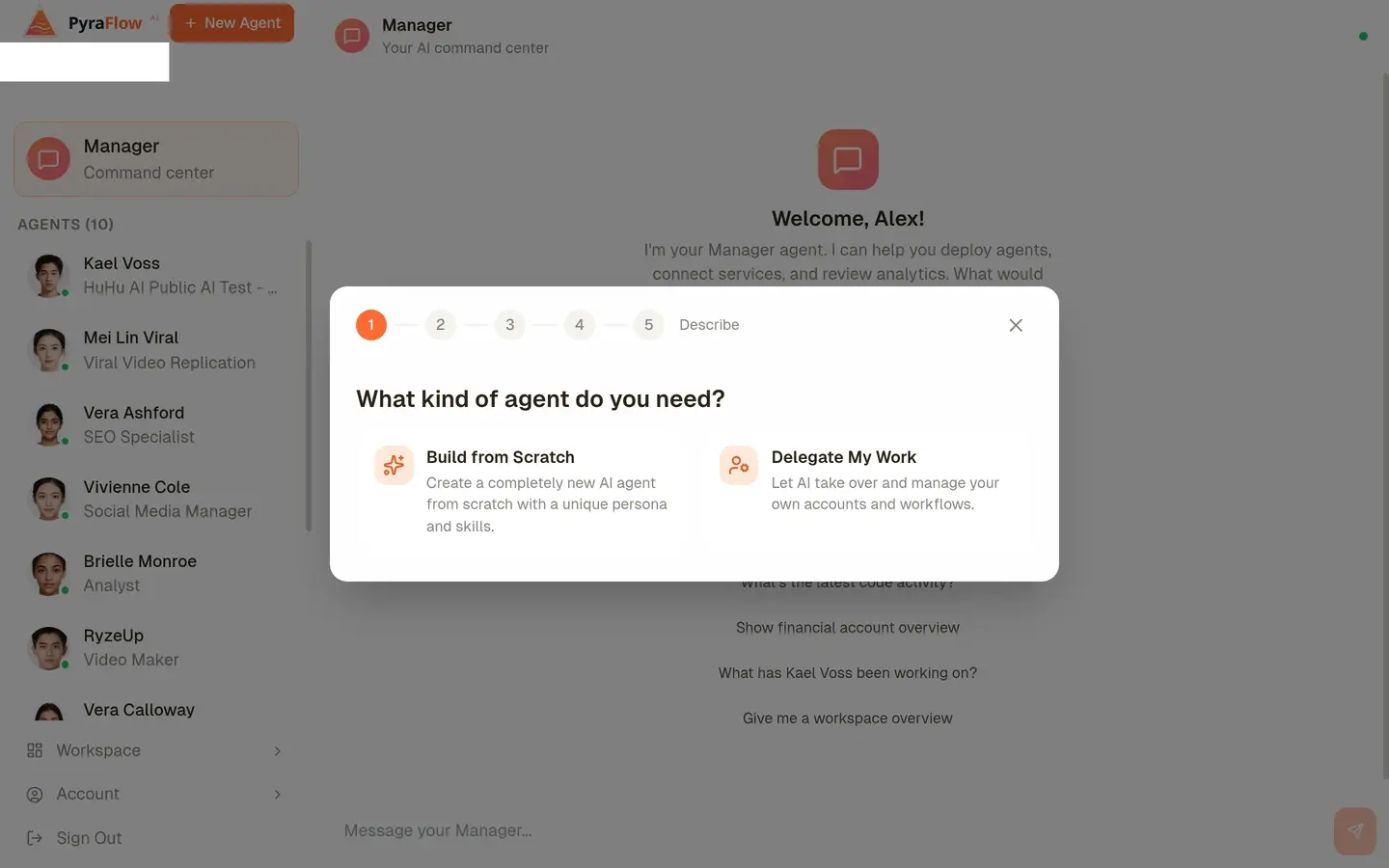 Describe what you need and AI creates your agent in seconds